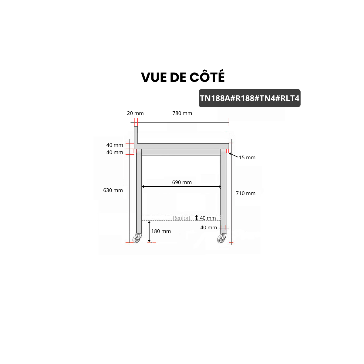 Table inox soubassement 1800 x 800 mm adossée avec renfort sur roulettes / GOLDINOX 