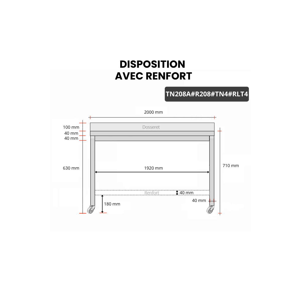 Table inox soubassement 2000 x 800 mm adossée avec renfort sur roulettes / GOLDINOX 