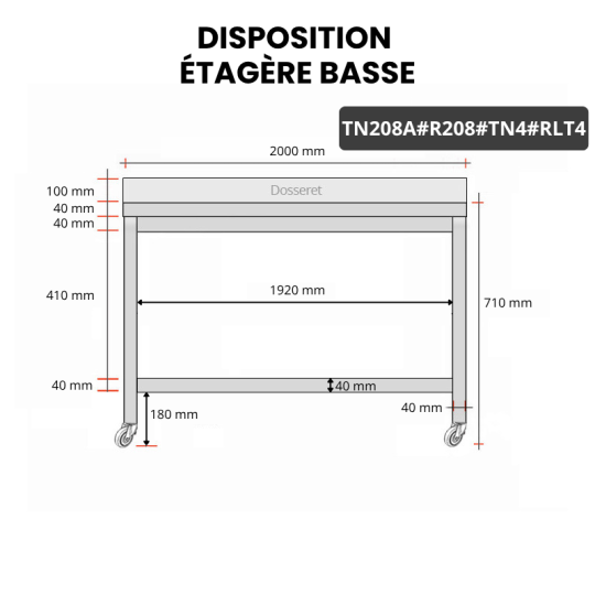 Table inox soubassement 2000 x 800 mm adossée avec renfort sur roulettes / GOLDINOX 