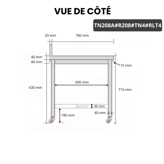 Table inox soubassement 2000 x 800 mm adossée avec renfort sur roulettes / GOLDINOX 