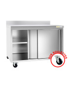 Meuble bas inox sur roulettes avec portes coulissantes et dosseret profondeur 700 mm