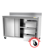 Meuble bas inox sur roulettes avec portes coulissantes 3 tiroirs et dosseret profondeur 600 mm