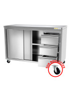 Meuble bas inox sur roulettes avec portes coulissantes et 3 tiroirs profondeur 700 mm