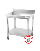 Table de travail inox sur roulettes avec étagère inférieure et dosseret profondeur 800 mm