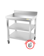 Table de travail inox sur roulettes avec 2 étagères inférieures et dosseret profondeur 800 mm