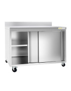 Meuble bas inox sur roulettes avec portes coulissantes et dosseret profondeur 800 mm
