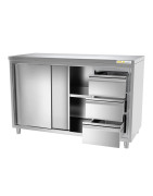 Meuble bas inox avec portes coulissantes et 3 tiroirs profondeur 700 mm