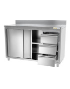 Meuble bas inox avec portes coulissantes 3 tiroirs et dosseret profondeur 700 mm